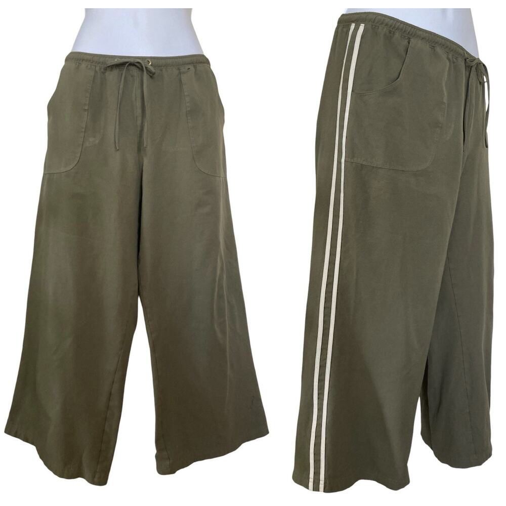 Vintage 90s Y2k Sporty Athletic Stripe Army Green Wide Leg Casual Crop Pants